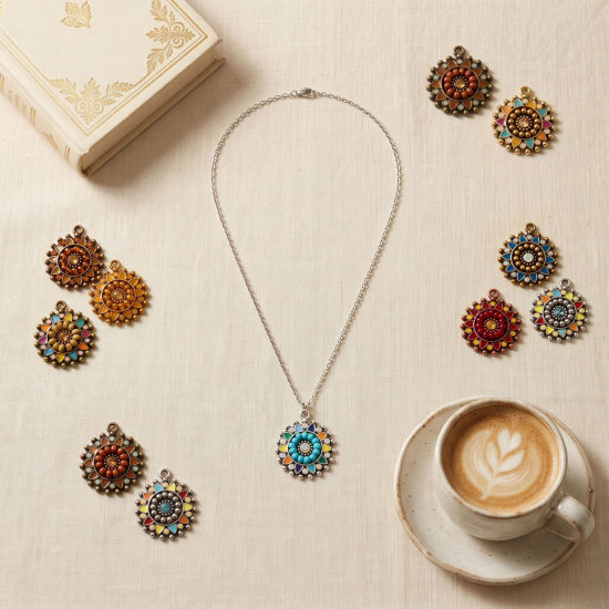 Picture of 5 PCs Zinc Based Alloy Boho Chic Bohemia Charms Wholesale Multicolor Enamel Round 25mm x 22mm