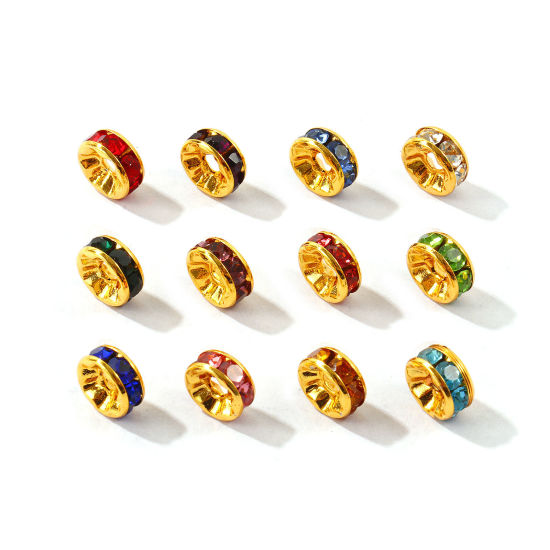 Picture of 20 PCs Eco-friendly 304 Stainless Steel & Rhinestone Birthstone Rondelle Beads Wholesale 18K Gold Plated 8mm Dia.