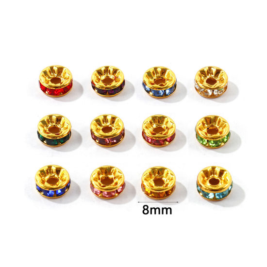 Picture of 20 PCs Eco-friendly 304 Stainless Steel & Rhinestone Birthstone Rondelle Beads Wholesale 18K Gold Plated 8mm Dia.
