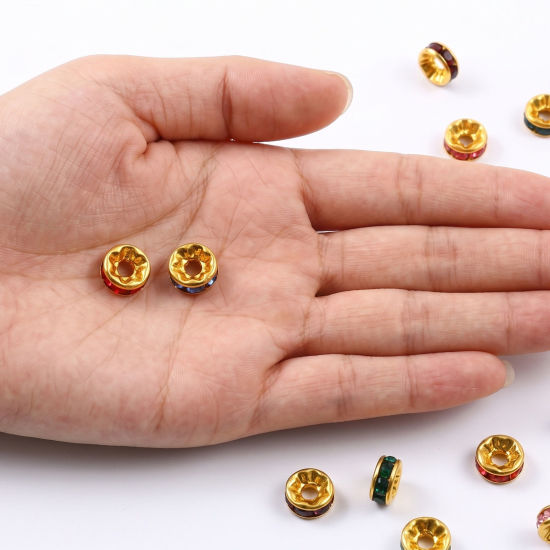 Picture of 20 PCs Eco-friendly 304 Stainless Steel & Rhinestone Birthstone Rondelle Beads Wholesale 18K Gold Plated 8mm Dia.