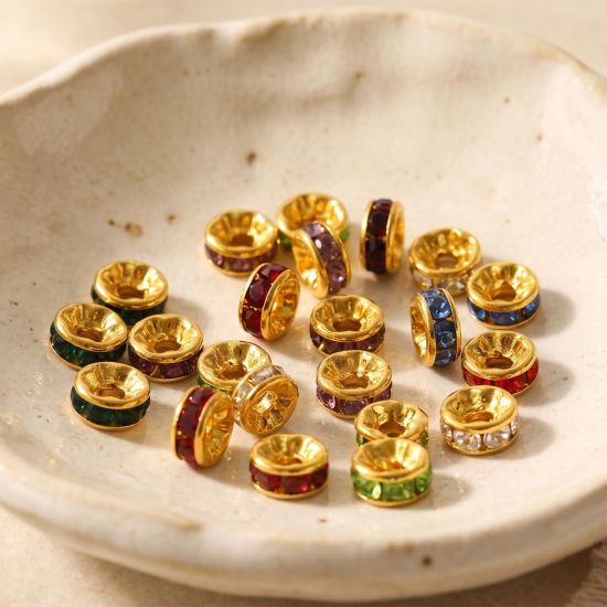 Picture of 20 PCs Eco-friendly 304 Stainless Steel & Rhinestone Birthstone Rondelle Beads Wholesale 18K Gold Plated 8mm Dia.