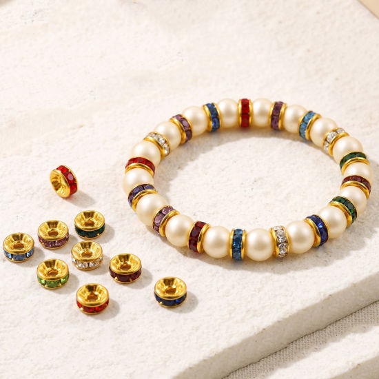 Picture of 20 PCs Eco-friendly 304 Stainless Steel & Rhinestone Birthstone Rondelle Beads Wholesale 18K Gold Plated 8mm Dia.