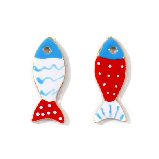 5 個 亜鉛合金 海ジュエリー ペンダント 卸売り 金メッキ 多色 魚 両面エナメルスパンコール 3cm x 1.1cm、 の画像