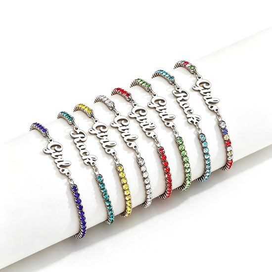Picture of 1 Piece Eco-friendly 304 Stainless Steel Customized Name Personalized Letter Charm Pendant Tennis Bracelet Multicolor Rhinestone