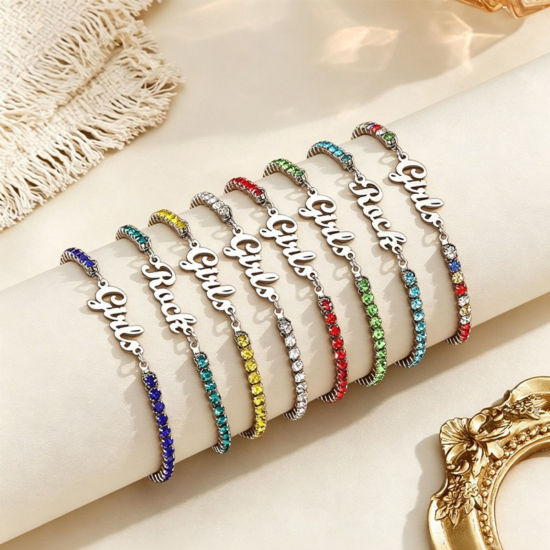 Picture of 1 Piece Eco-friendly 304 Stainless Steel Customized Name Personalized Letter Charm Pendant Tennis Bracelet Multicolor Rhinestone