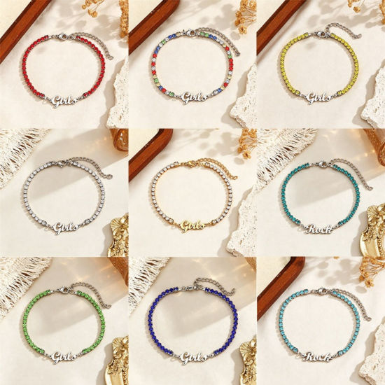 Picture of 1 Piece Eco-friendly 304 Stainless Steel Customized Name Personalized Letter Charm Pendant Tennis Bracelet Multicolor Rhinestone