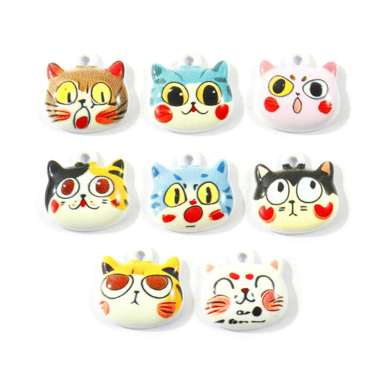 Picture of 10 PCs Zinc Based Alloy Charms Wholesale Multicolor Cat Animal Printed 13mm x 13mm