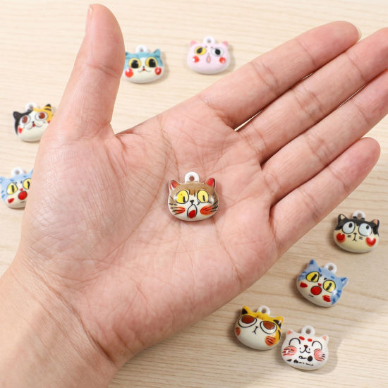 Picture of 10 PCs Zinc Based Alloy Charms Wholesale Multicolor Cat Animal Printed 13mm x 13mm
