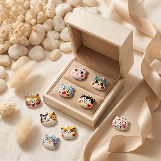 Picture of 10 PCs Zinc Based Alloy Charms Wholesale Multicolor Cat Animal Printed 13mm x 13mm