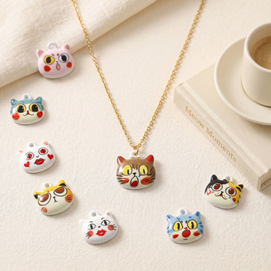 Picture of 10 PCs Zinc Based Alloy Charms Wholesale Multicolor Cat Animal Printed 13mm x 13mm