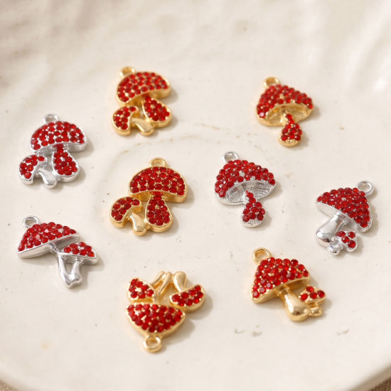 Picture of 10 PCs Zinc Based Alloy Charms Wholesale Multicolor Mushroom Red Rhinestone