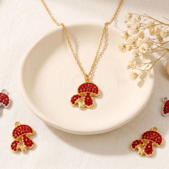 Picture of 10 PCs Zinc Based Alloy Charms Wholesale Multicolor Mushroom Red Rhinestone