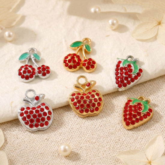 Picture of 10 PCs Zinc Based Alloy Charms Wholesale Multicolor Fruit Red Rhinestone
