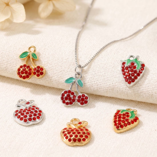Picture of 10 PCs Zinc Based Alloy Charms Wholesale Multicolor Fruit Red Rhinestone