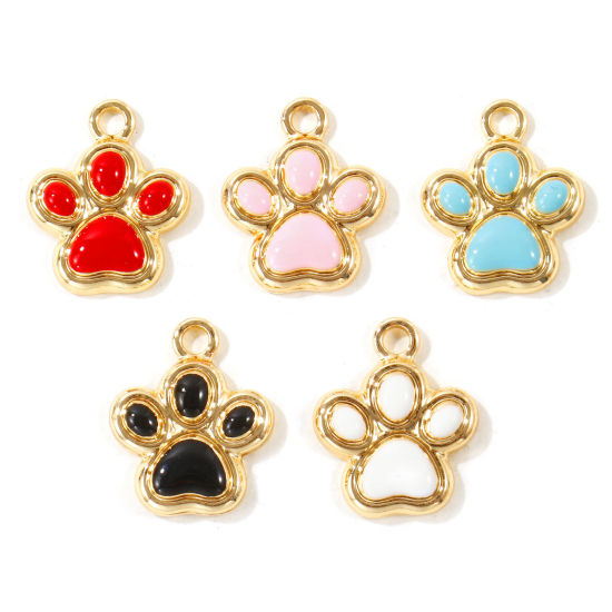 Picture of 10 PCs Zinc Based Alloy Pet Memorial Charms Wholesale Gold Plated Enamel Paw Print 17mm x 14mm