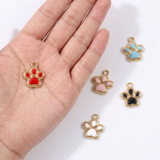 Picture of 10 PCs Zinc Based Alloy Pet Memorial Charms Wholesale Gold Plated Enamel Paw Print 17mm x 14mm