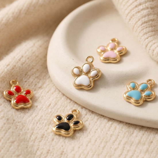 Picture of 10 PCs Zinc Based Alloy Pet Memorial Charms Wholesale Gold Plated Enamel Paw Print 17mm x 14mm