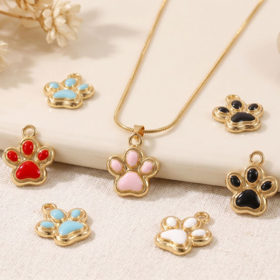 Picture of 10 PCs Zinc Based Alloy Pet Memorial Charms Wholesale Gold Plated Enamel Paw Print 17mm x 14mm