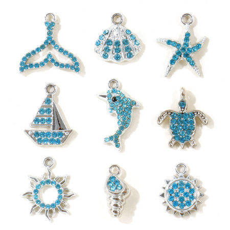 10 PCs Zinc Based Alloy Charms Wholesale Silver Tone Blue Rhinestone