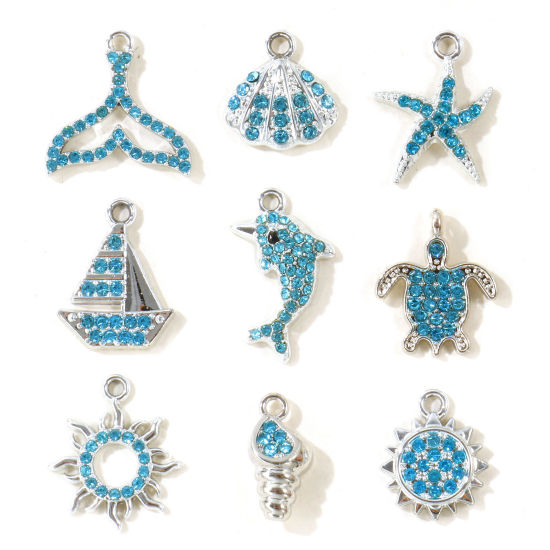 Picture of 10 PCs Zinc Based Alloy Charms Wholesale Silver Tone Blue Rhinestone