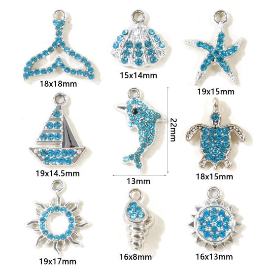 Picture of 10 PCs Zinc Based Alloy Charms Wholesale Silver Tone Blue Rhinestone