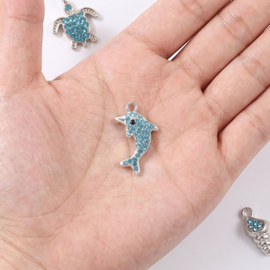 Picture of 10 PCs Zinc Based Alloy Charms Wholesale Silver Tone Blue Rhinestone