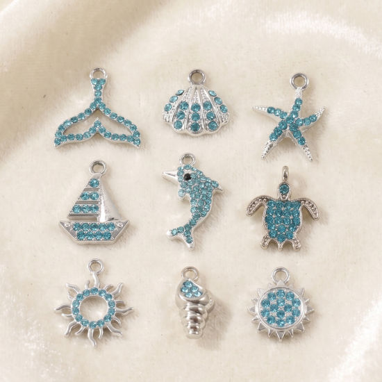 Picture of 10 PCs Zinc Based Alloy Charms Wholesale Silver Tone Blue Rhinestone