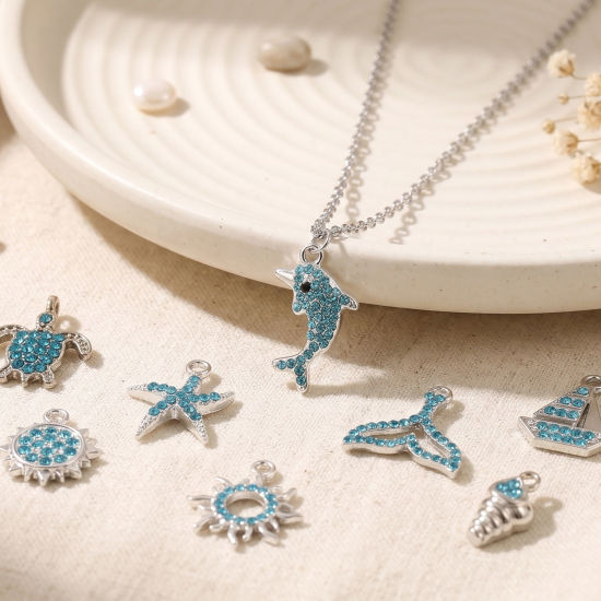 Picture of 10 PCs Zinc Based Alloy Charms Wholesale Silver Tone Blue Rhinestone