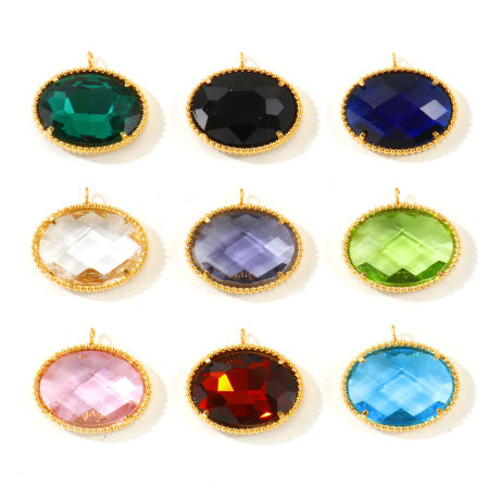 1 Piece Eco-friendly PVD Waterproof Anti-Tarnish Hypoallergenic 304 Stainless Steel & Glass Geometric Charms Wholesale 18K Real Gold Plated Oval Faceted 21mm x 19mm
