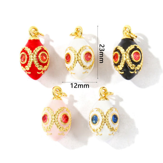 Picture of 1 Piece Brass & Rhinestone Charms Wholesale, Easter Egg 18K Gold Plated Enamel 3D Pink Rhinestone 23mm x 12mm