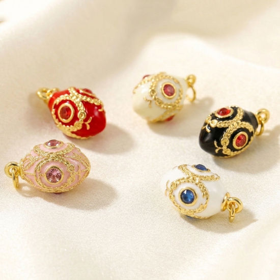 Picture of 1 Piece Brass & Rhinestone Charms Wholesale, Easter Egg 18K Gold Plated Enamel 3D Pink Rhinestone 23mm x 12mm