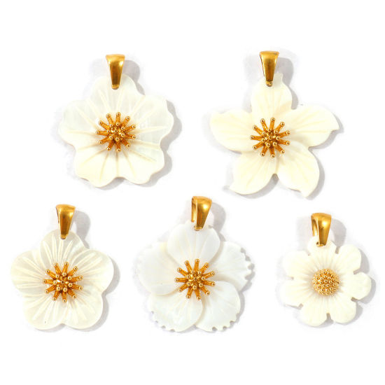 Picture of 2 PCs Eco-friendly PVD Waterproof Anti-Tarnish Hypoallergenic 304 Stainless Steel & Natural Shell Charm Pendant Wholesale 18K Real Gold Plated White Flower