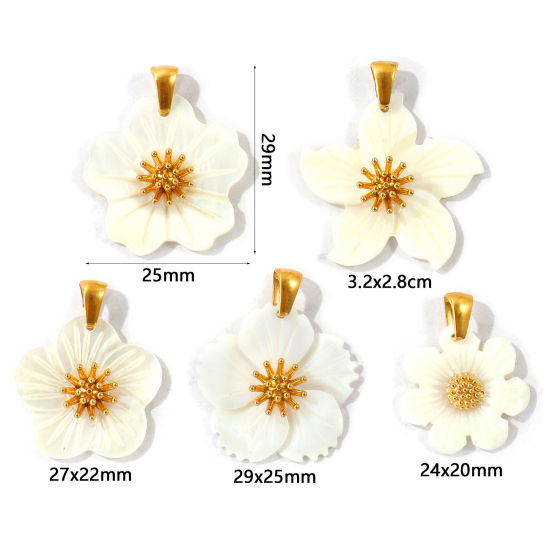Picture of 2 PCs Eco-friendly PVD Waterproof Anti-Tarnish Hypoallergenic 304 Stainless Steel & Natural Shell Charm Pendant Wholesale 18K Real Gold Plated White Flower