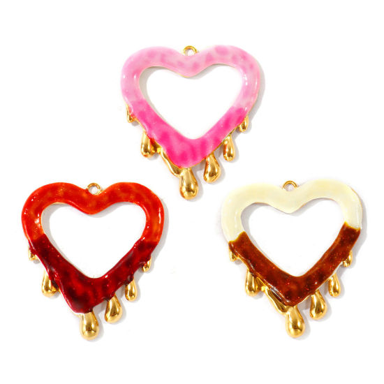 Picture of 2 PCs Eco-friendly PVD Waterproof Anti-Tarnish Hypoallergenic 304 Stainless Steel Valentine's Day Pendants Wholesale 18K Real Gold Plated Enamel Heart Glitter 4.3cm x 3.8cm