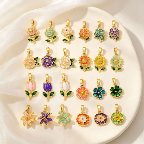 Picture of 2 PCs Brass Charm Pendant Wholesale, Flower 18K Gold Plated Enamel