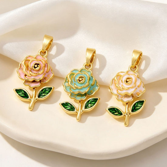 Picture of 2 PCs Brass Charm Pendant Wholesale, Flower 18K Gold Plated Enamel