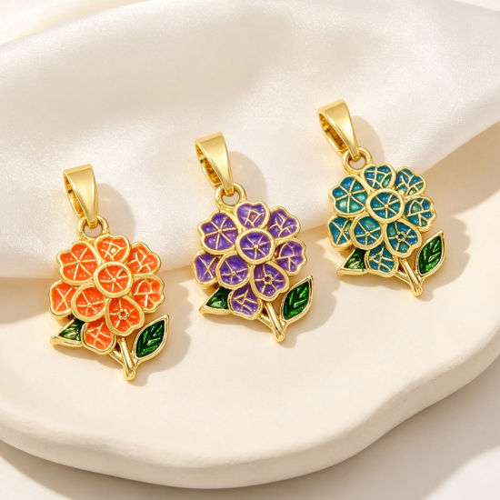 Picture of 2 PCs Brass Charm Pendant Wholesale, Flower 18K Gold Plated Enamel
