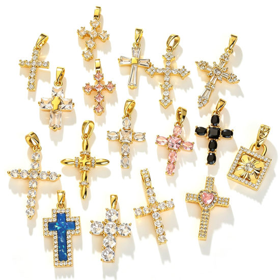 Picture of 1 Piece Brass Religious Charms Wholesale, Cross 18K Gold Plated