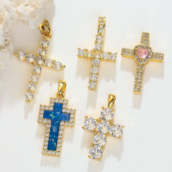 Picture of 1 Piece Brass Religious Charms Wholesale, Cross 18K Gold Plated