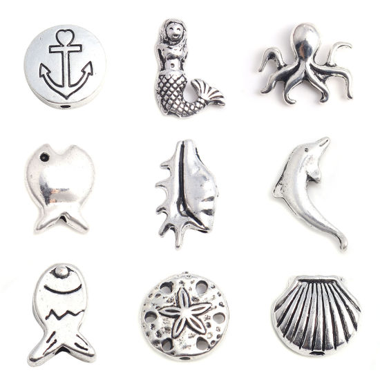 Picture of Zinc Based Alloy Ocean Jewelry Beads Round Antique Silver Color Anchor About 13mm Dia., Hole: Approx 1.6mm, 20 PCs