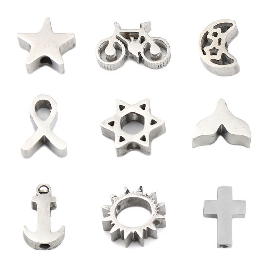 Image de Perles en 304 Acier Inoxydable Hexagone Argent Mat 11mm x 10mm, Taille de Trou 6.4mm, 5 Pcs