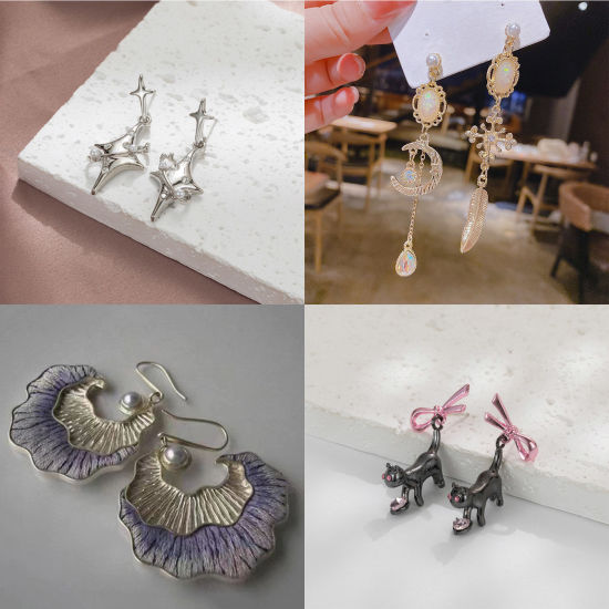 レトロ 非対称イヤリングピアス ピアス 赤銅色 円形 花葉 1 ペア の画像
