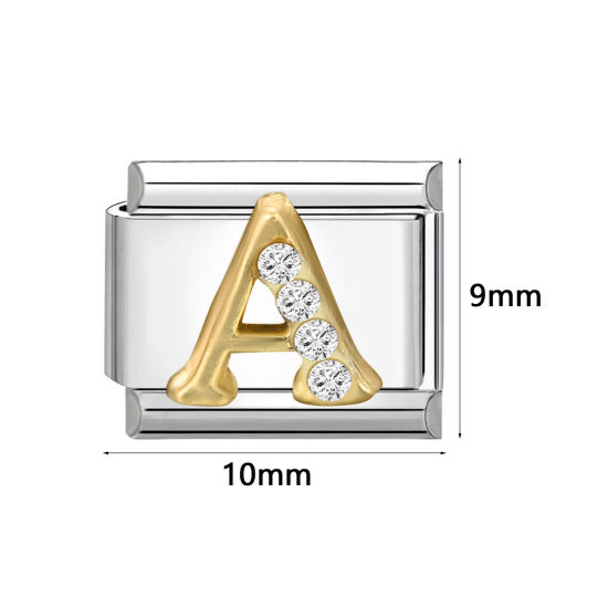 Picture of 304 Stainless Steel Capital Alphabet Initial Letter Name Italian Charm Links For DIY Bracelet Jewelry Making Silver Tone Golden Rectangle Message " A-Z " Clear Rhinestone 10mm x 9mm