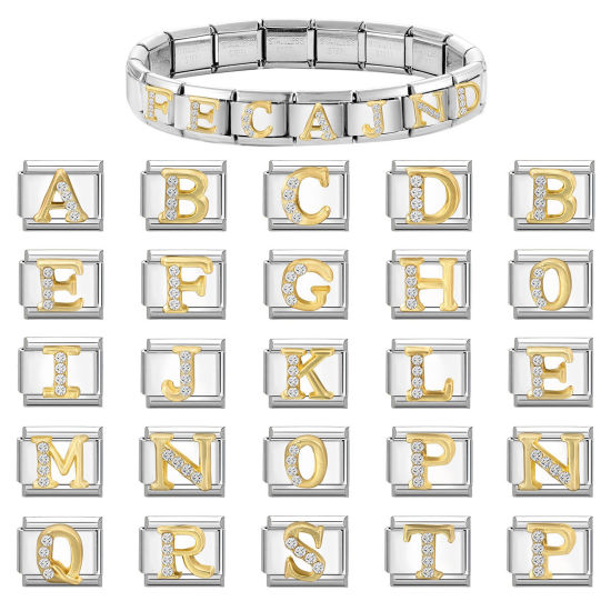 Picture of 304 Stainless Steel Capital Alphabet Initial Letter Name Italian Charm Links For DIY Bracelet Jewelry Making Silver Tone Golden Rectangle Message " A-Z " Clear Rhinestone 10mm x 9mm