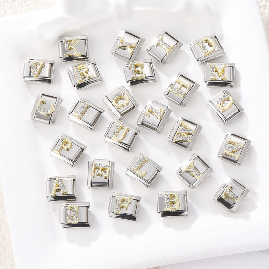 Picture of 304 Stainless Steel Capital Alphabet Initial Letter Name Italian Charm Links For DIY Bracelet Jewelry Making Silver Tone Golden Rectangle Message " A-Z " Clear Rhinestone 10mm x 9mm