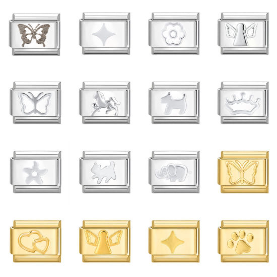 Picture of 304 Stainless Steel Italian Charm Links For DIY Bracelet Jewelry Making Multicolor Rectangle 10mm x 9mm