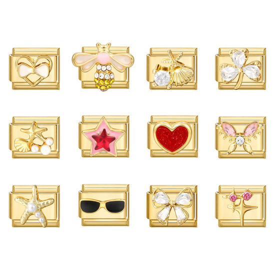 Picture of 304 Stainless Steel Exquisite Italian Charm Links For DIY Bracelet Jewelry Making Gold Plated Rectangle Heart 10mm x 9mm