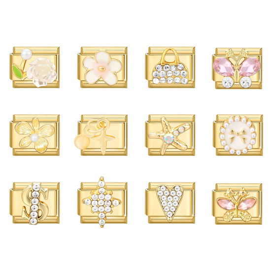 Image de 1 Pièce Bracelet à Maillons Breloques Italiens Accessories de Fabrication de Bracelets Bijoux DIY Exquis en 304 Acier Inoxydable Doré Rectangle Fleurs 10mm x 9mm