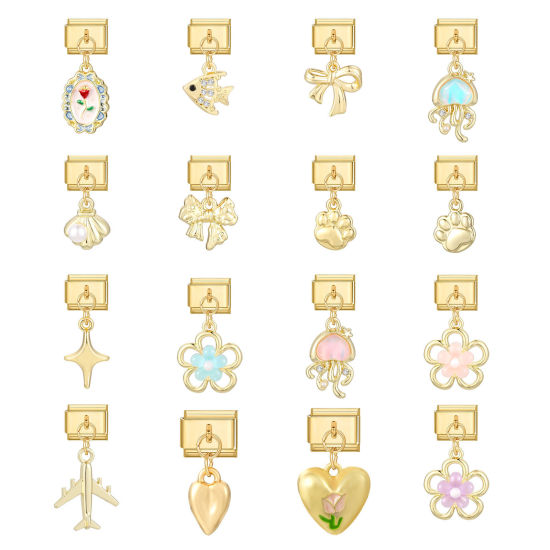 Image de 1 Pièce Maillons de Charme Italiens pour la Fabrication de Bijoux de Montres-Bracelets Modulables à Faire Soi-Même En Gros en 304 Acier Inoxydable Doré Empreinte de Patte Fleurs Alliage de Zinc Pendentif 10mm x 9mm