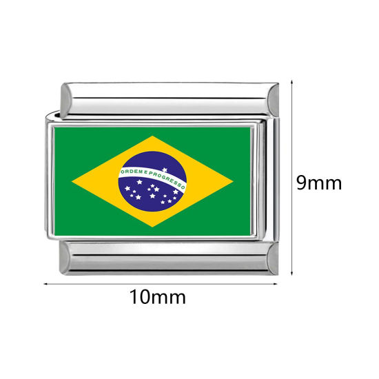 Picture of 304 Stainless Steel Italian Charm Links For DIY Bracelet Jewelry Making Wholesale Silver Tone Rectangle National Flag 10mm x 9mm